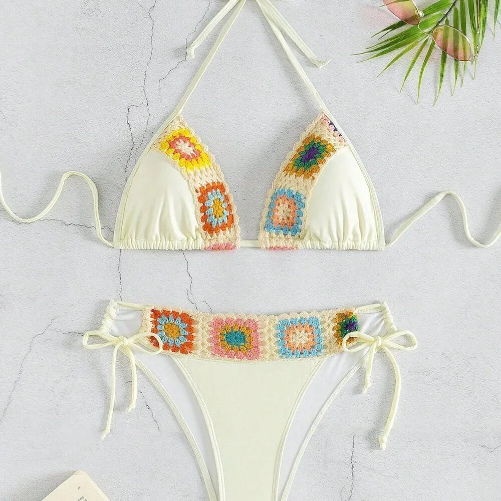 Beige Women's Beach Floral Print Halter Neck Bikini Set
